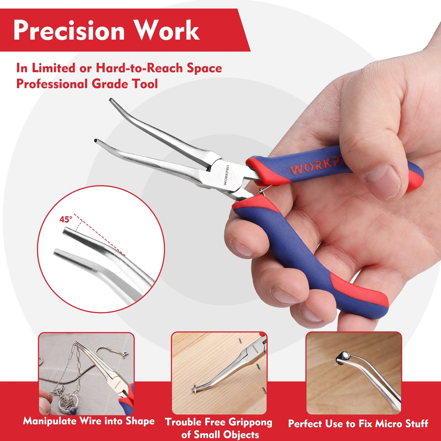 WORKPRO 2-Piece 6" Mini Needle Nose Pliers Set, Smooth Jaw Long & Bent Nose Pliers with Comfort Grip for Jewelry Making & Wire Wrapping