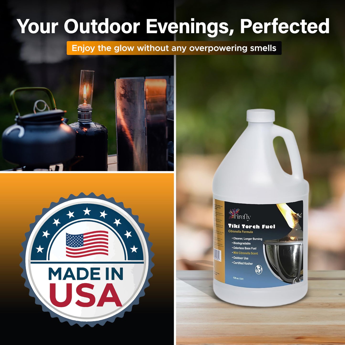 Firefly Fuel Tiki Torch Oil – Clean-Burning, Low Smoke, Citronella Formula, Long-Lasting Outdoor Lamp Fuel, 1 Gallon