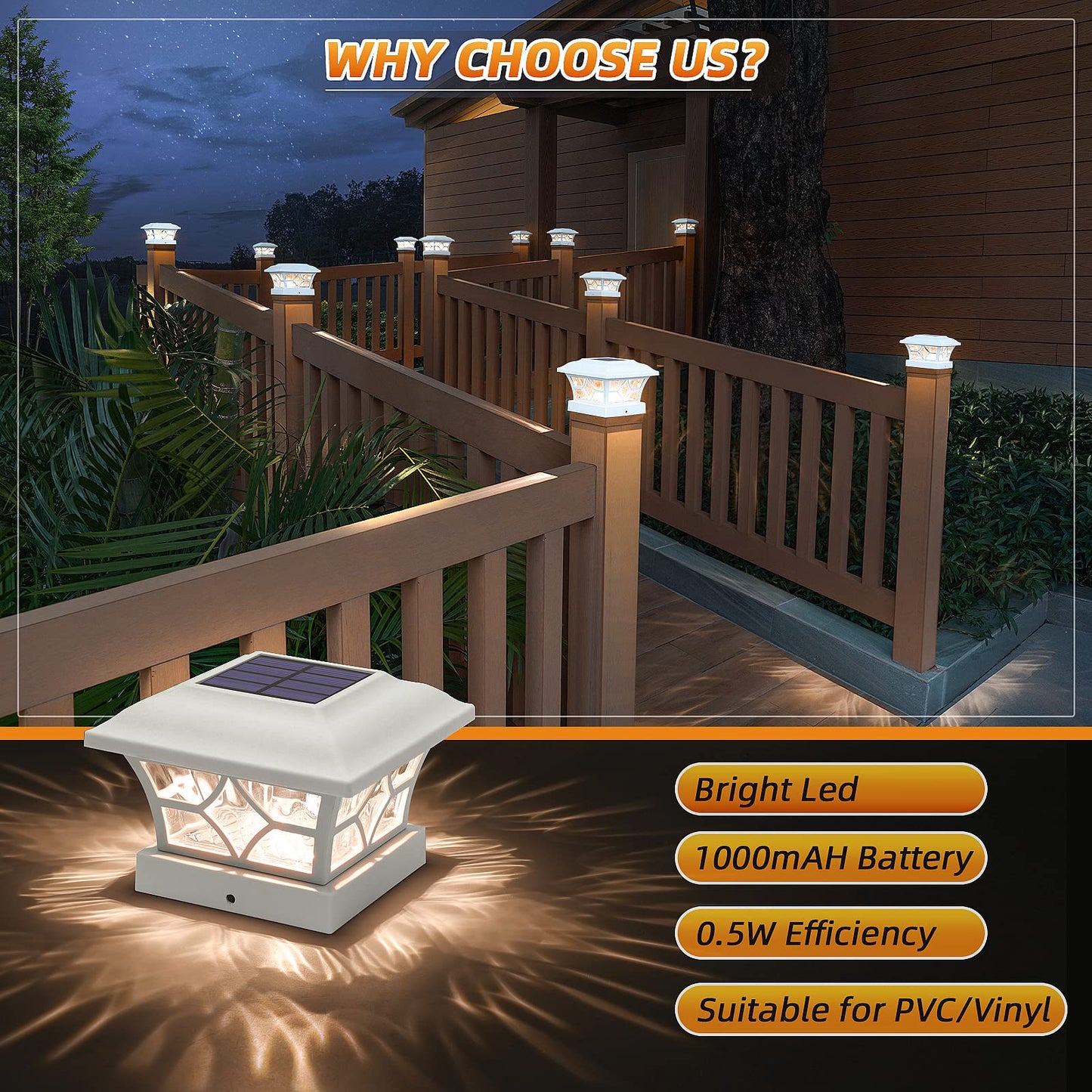 APONUO 8-Pack Solar Post Cap Lights for 4x4, 5x5, 6x6 Fences – Larger, Long-Lasting 1000mAh Battery, 2 Modes, IP64 Waterproof (White)