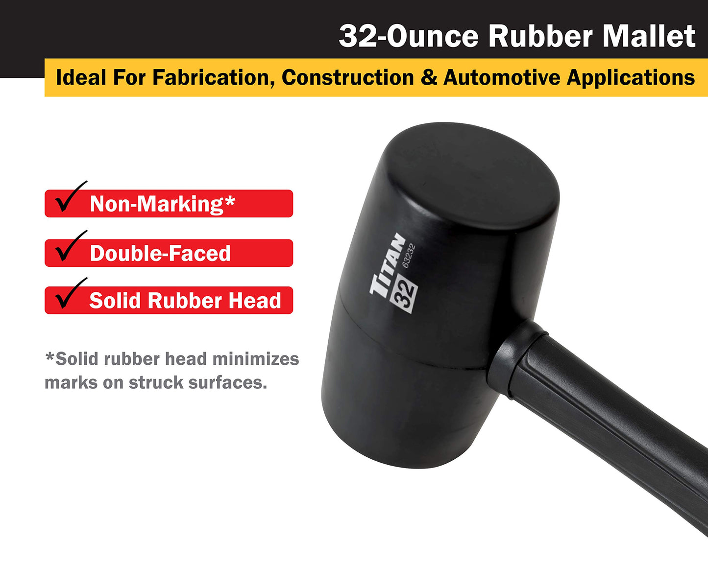 Titan 63232 32oz Rubber Mallet, Non-marking Double-faced Solid Head, 15" Shock Absorbing Fiberglass Handle with Textured Grip