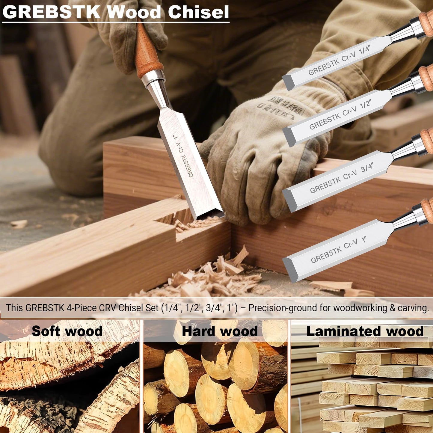 GREBSTK 4 Pcs Wood Chisel Set CRV Steel Bevel Sharp Edge Bench Chisels with Safety Caps for Woodworking and DIY Projects 1/4", 1/2", 3/4", 1"