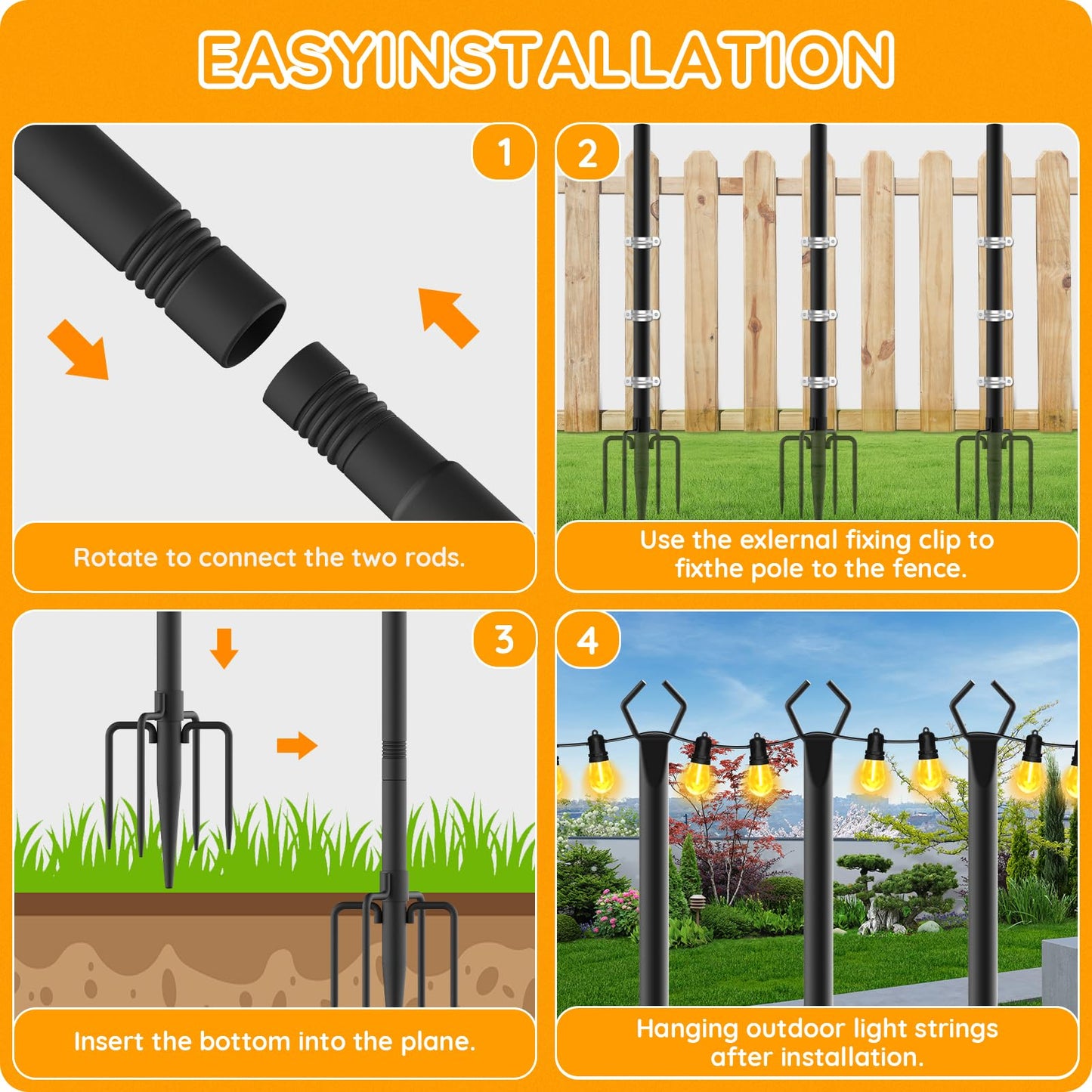 6-Pack 10 ft Outdoor String Light Poles – Forked Metal Stands with Hooks, Adjustable, Rustproof & Sturdy for Garden, Deck, Backyard, Wedding