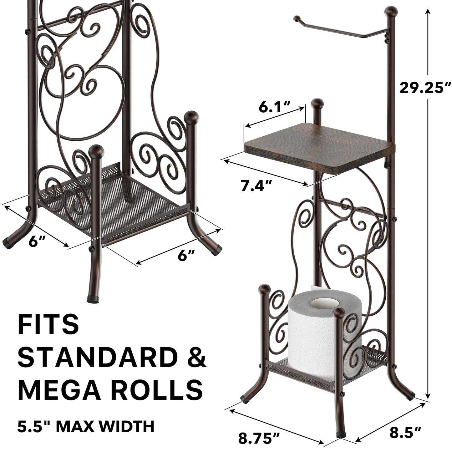 Simple Houseware English Style Bathroom Toilet Tissue Roll Holder Stand with Shelf, Bronze