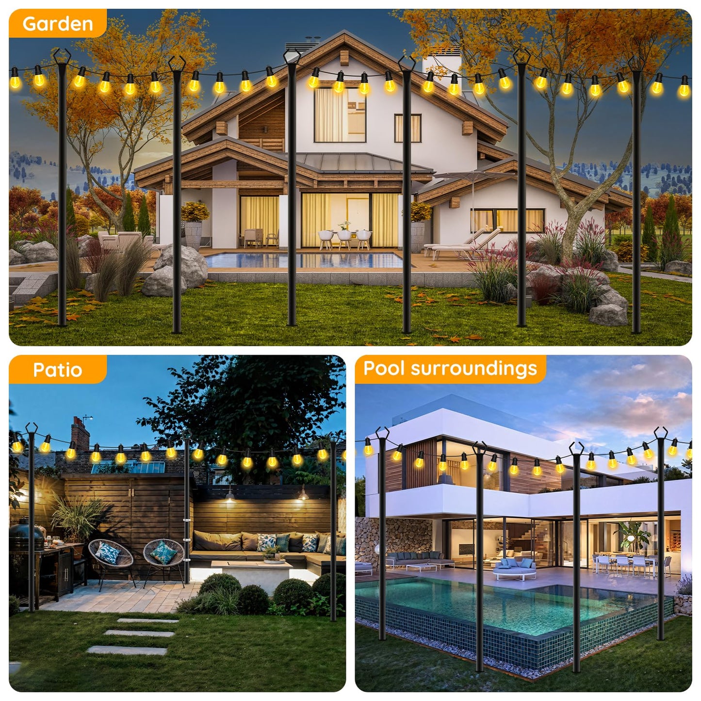 6-Pack 10 ft Outdoor String Light Poles – Forked Metal Stands with Hooks, Adjustable, Rustproof & Sturdy for Garden, Deck, Backyard, Wedding