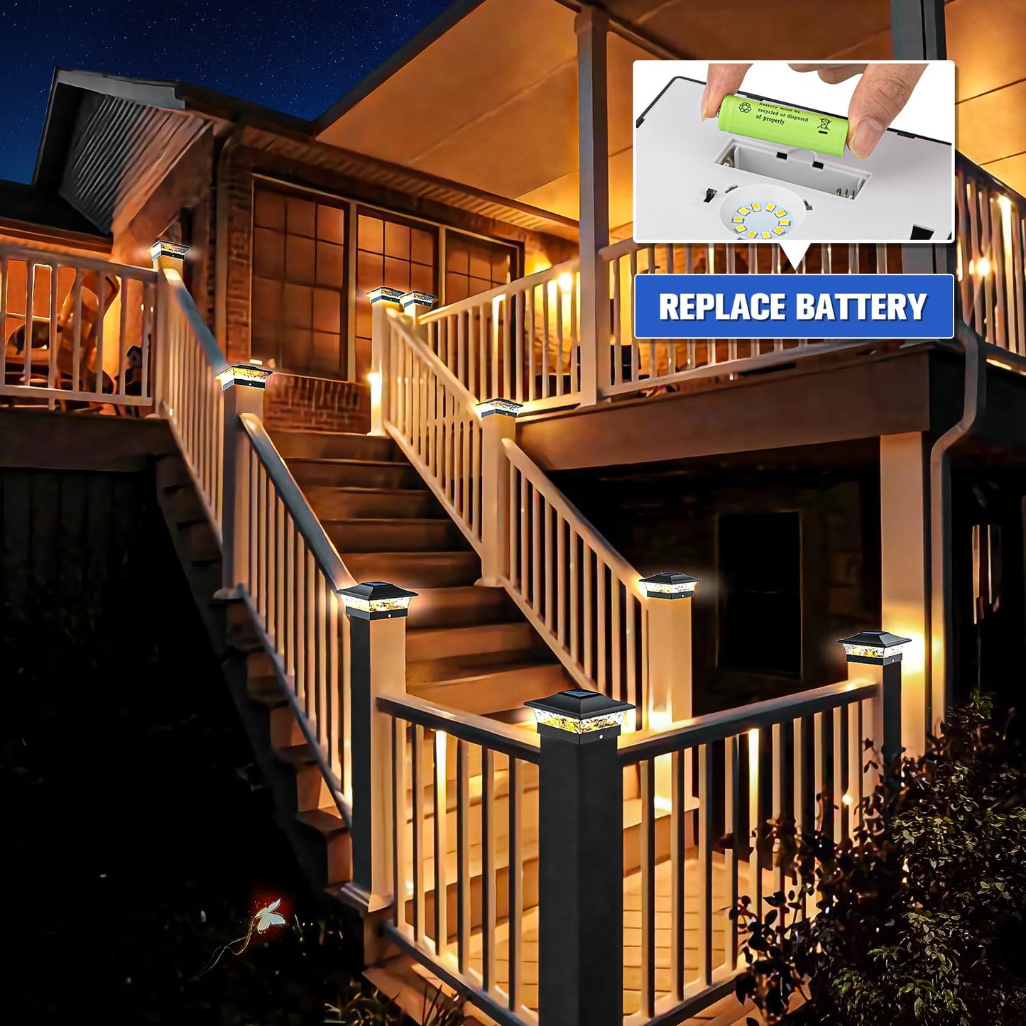 VOLISUN Solar Fence Post Cap Lights, 12 Pack, Warm White, 2 Modes, Waterproof, ABS Lens, Fits 4x4 & 6x6 Wood/Vinyl Posts, Black