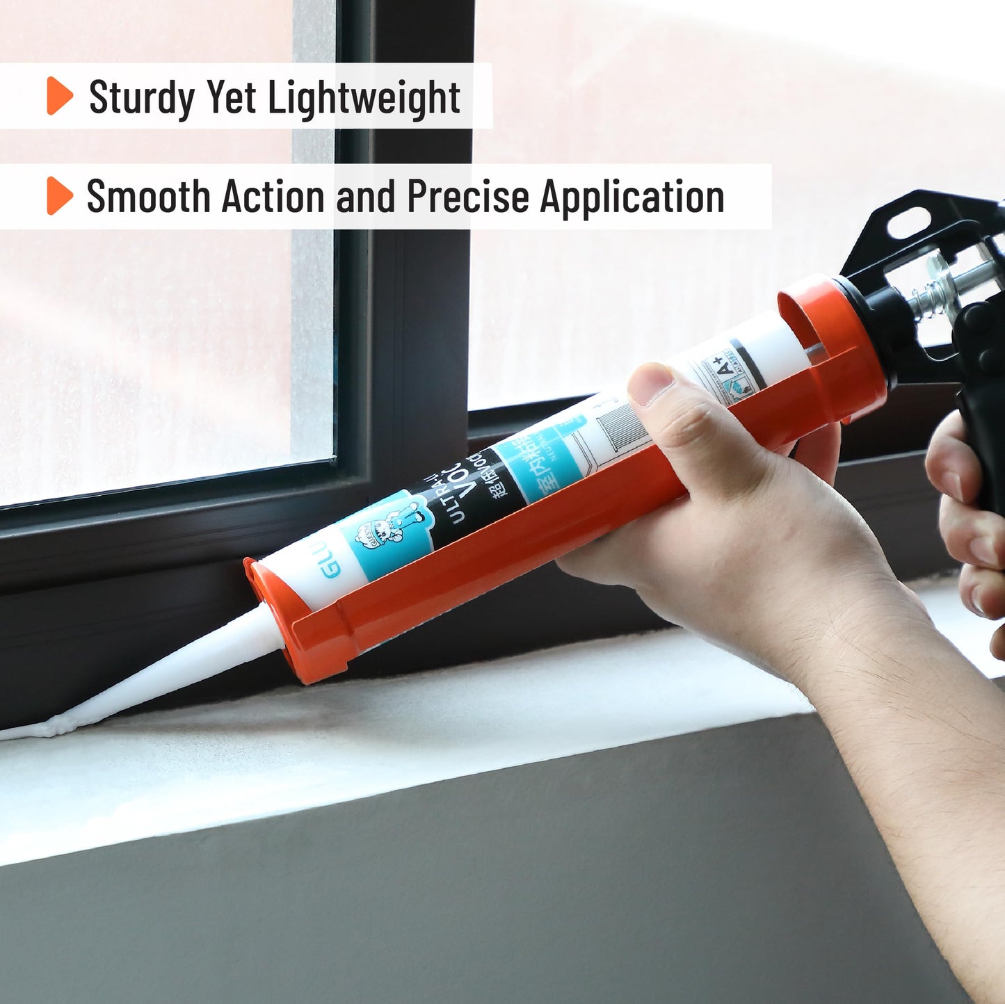 Bates 12:1 Caulking Gun, Black & Orange, No-Drip Silicone & Caulk Tool, Handheld High Thrust Gun for Home & Construction Use