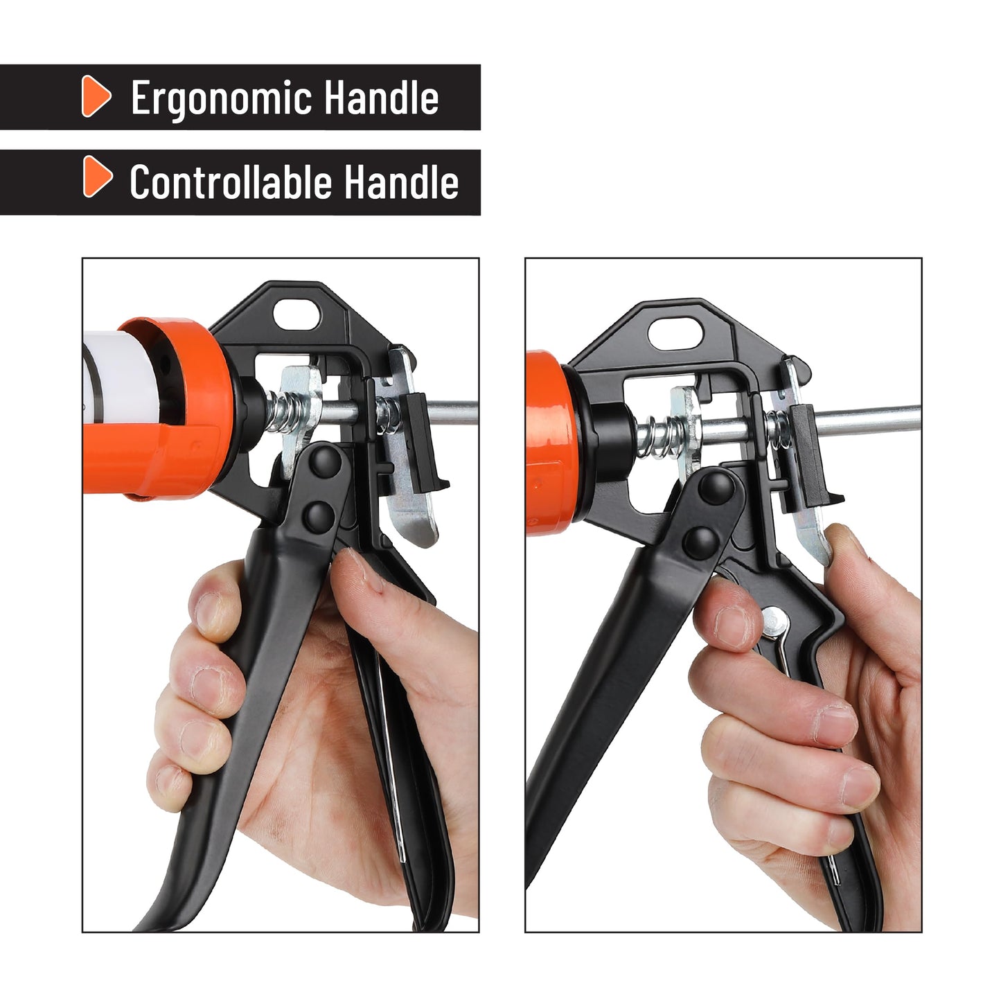 Bates 12:1 Caulking Gun, Black & Orange, No-Drip Silicone & Caulk Tool, Handheld High Thrust Gun for Home & Construction Use