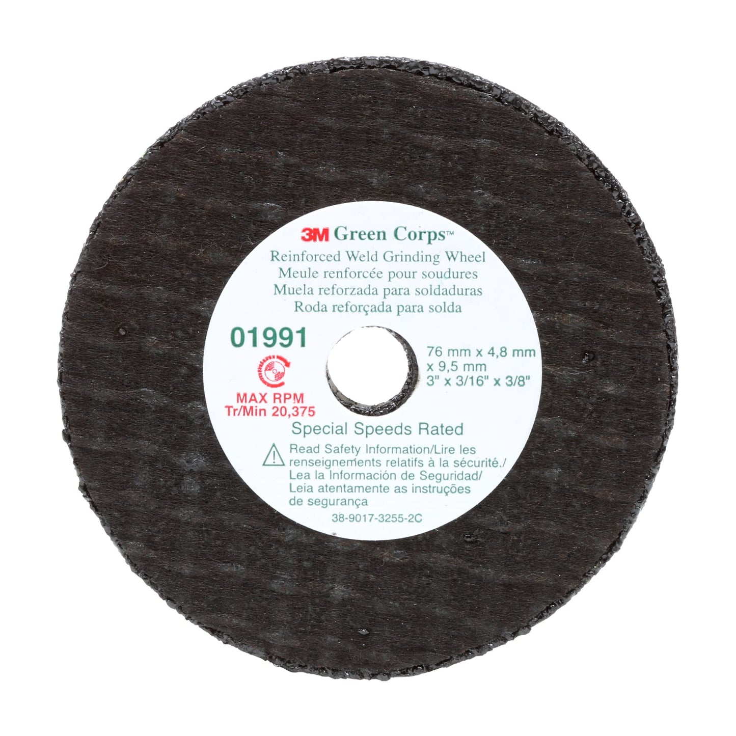 3M Green Corps Reinforced Weld Grinding Wheel 01991, 3 in, .22" x 3/8" 5 Pack Heavy Duty, Resin Bonded, Long Lasting Wheel for Fast Cut, Auto Body