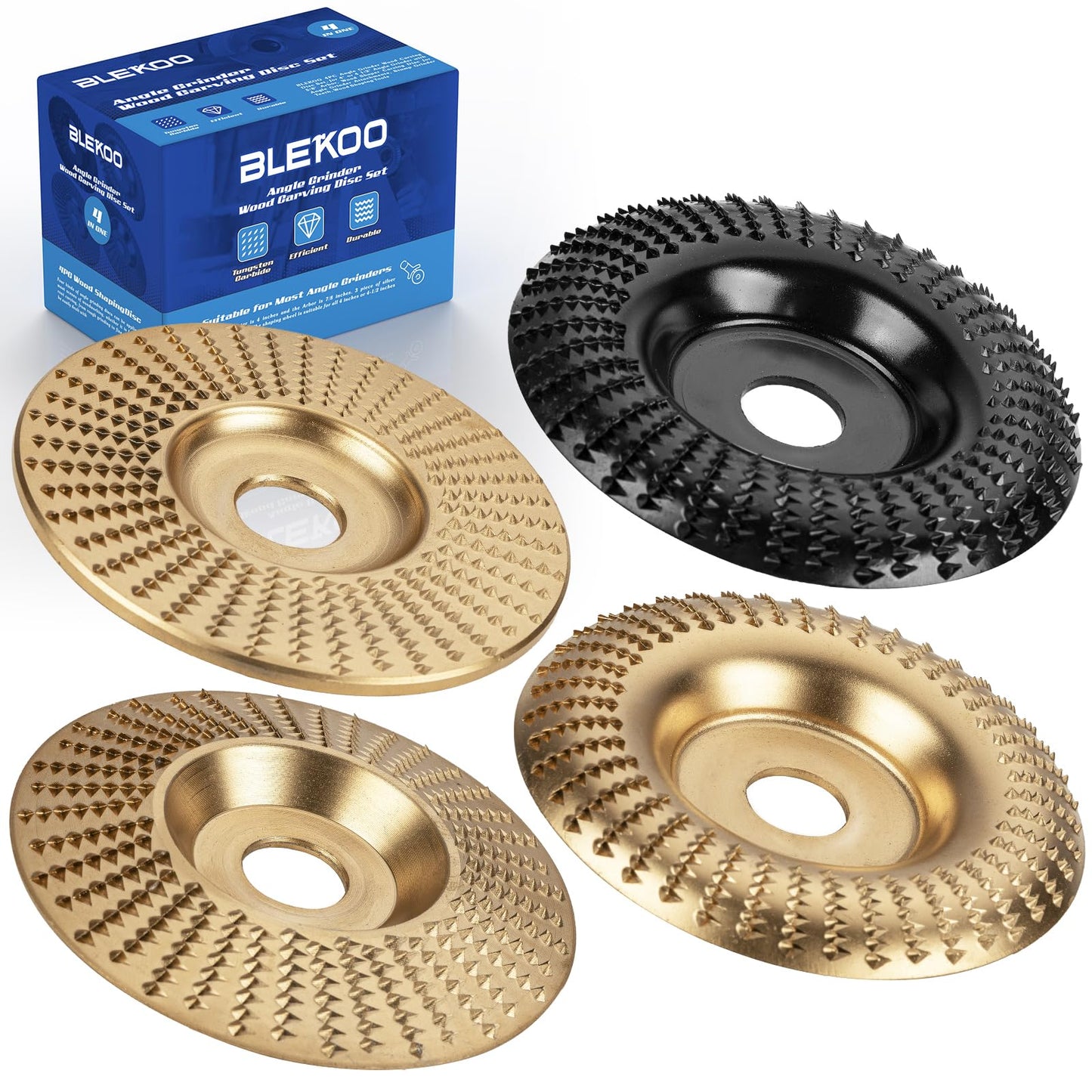 BLEKOO 4PC Wood Carving Disc Set for 4"/4.5" Angle Grinder, 5/8" Arbor, Stump Grinder & Wood Shaper Tools