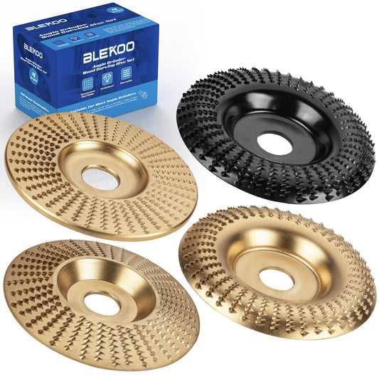 BLEKOO 4PC Wood Carving Disc Set for 4"/4.5" Angle Grinder, 5/8" Arbor, Stump Grinder & Wood Shaper Tools