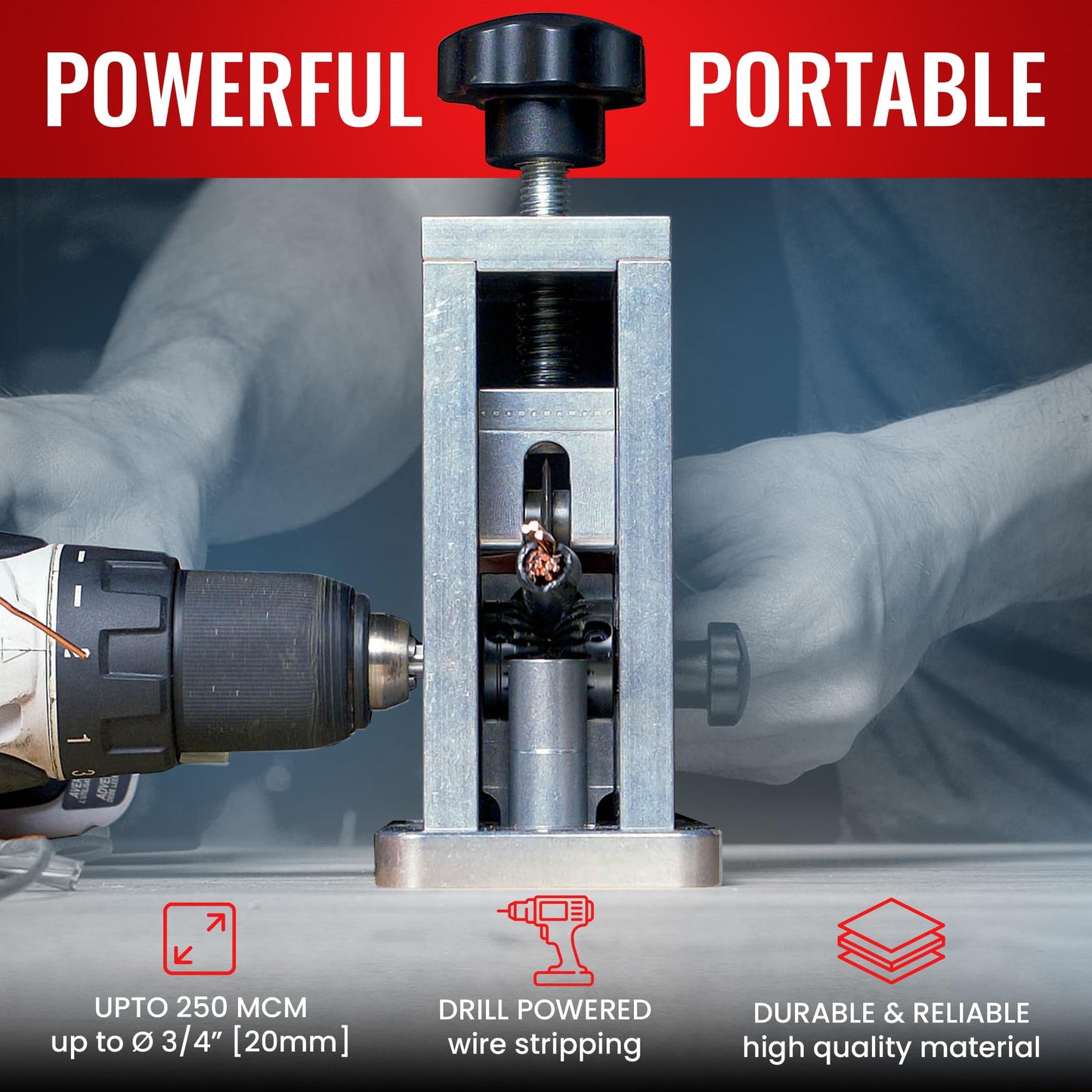 StripMeister Drill-Powered Wire Stripper – Portable, Jam-Free, Handles Up to ¾" Copper Wire, Fast, Safe & Efficient