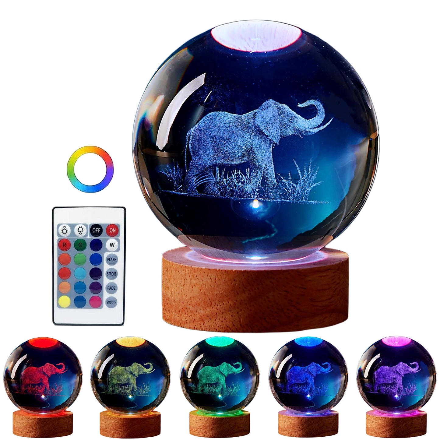 DIGFPWT Elephant Crystal Ball Lamp, 3.15 inch, Night Light with Wooden LED Base, Glass Ball with USB, Remote Control, 16 Color Change, Gift Box