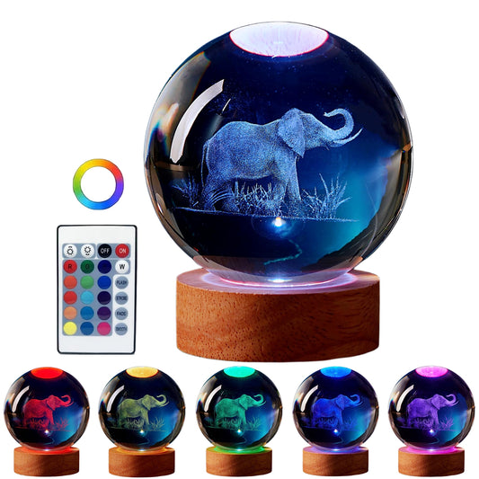 DIGFPWT Elephant Crystal Ball Lamp, 3.15 inch, Night Light with Wooden LED Base, Glass Ball with USB, Remote Control, 16 Color Change, Gift Box