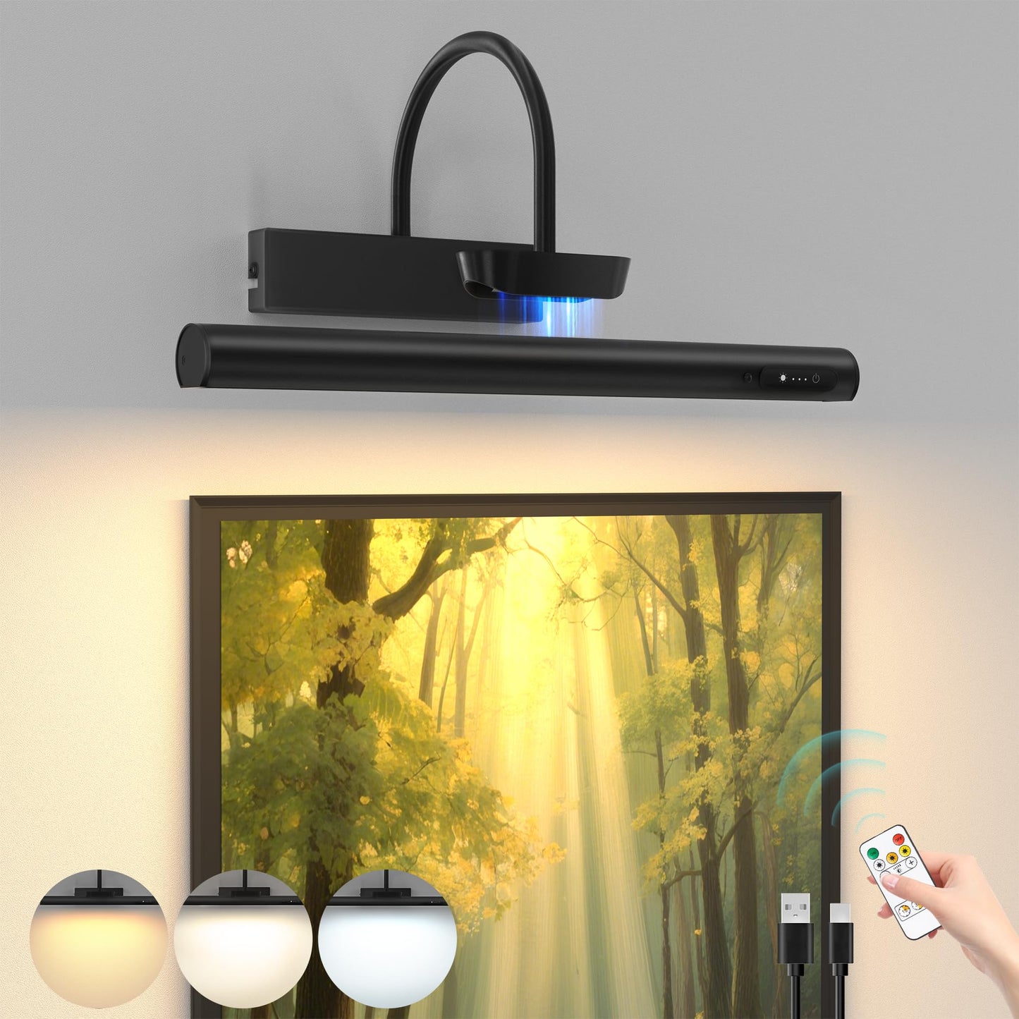 **Bridika Battery Operated Picture Light, 13.8” Rechargeable Art Light, 3 Color Modes & Dimmable Brightness for Paintings, Gallery, Bedroom, Black**