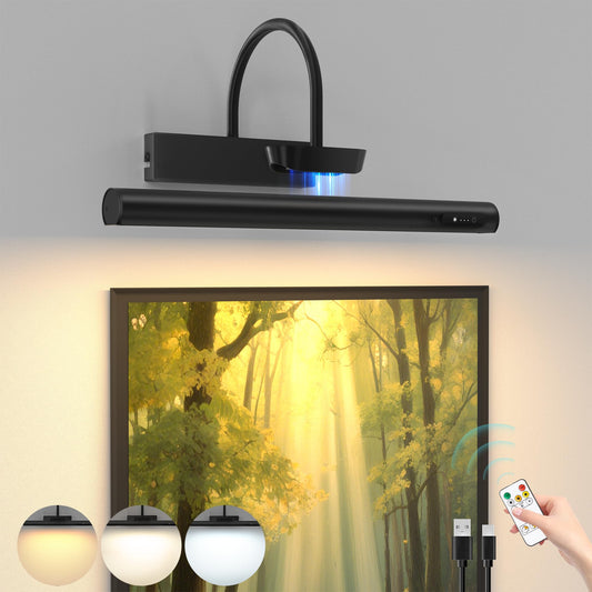 **Bridika Battery Operated Picture Light, 13.8” Rechargeable Art Light, 3 Color Modes & Dimmable Brightness for Paintings, Gallery, Bedroom, Black**