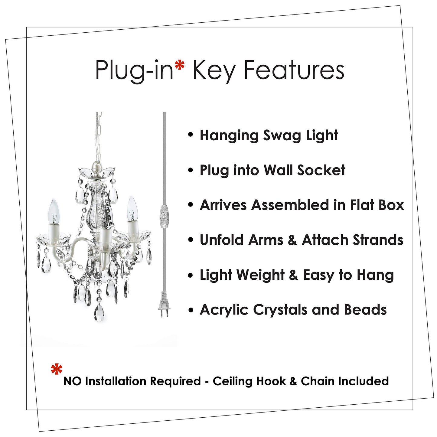 Gypsy Color Brink House 3-Light Plug-in Swag Chandelier, White Metal Frame with Clear Glass & Acrylic Crystals, 17"x12"