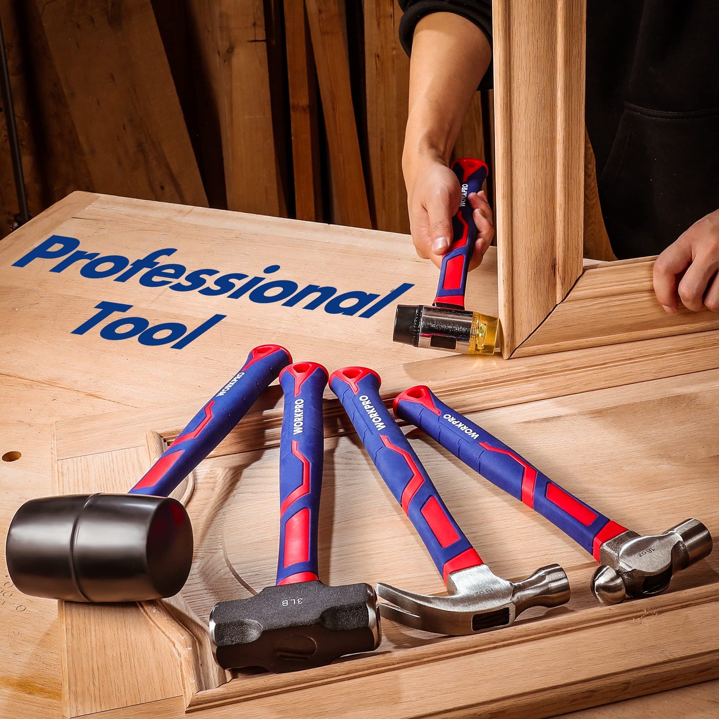 WORKPRO 5-Piece Hammer & Mallet Set – Forged Steel Heads, Fiberglass Handles: 32oz Rubber, 16oz Claw & Ball-Peen, 3lb Sledge, 22oz Double-Face