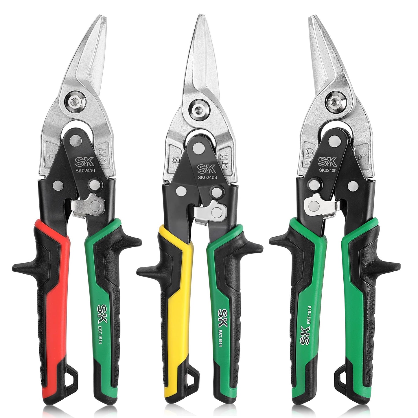 SK Aviation Tin Snips Set, Left, Right and Straight Cut, Cr-Mo Steel Blade, Anti-slip Handle and Safety Latch, for Cutting Sheet Metal
