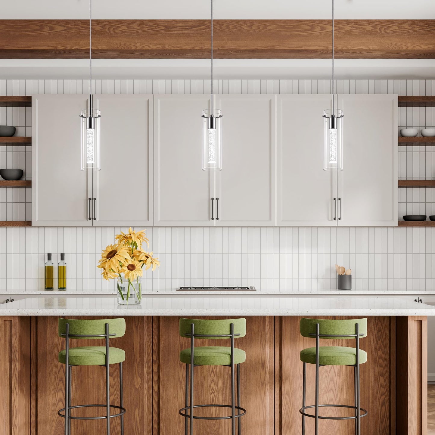 Esfos 1-Light LED Pendant Ceiling Light, Modern Crystal Bubble Glass Hanging Fixture for Kitchen Island, 3-Pack