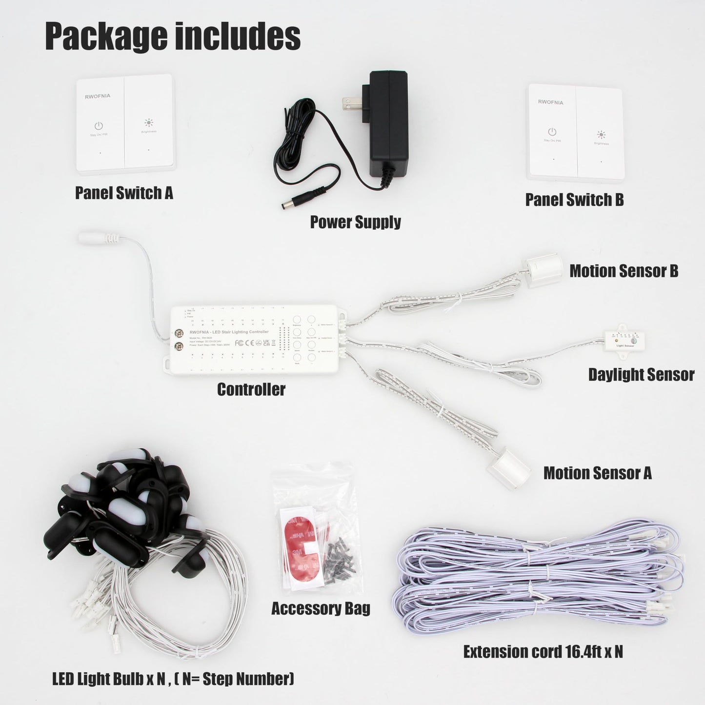 **RWOFNIA Motion-Activated LED Stair Lighting Kit, Warm White 2700K Mini Lights for Indoor Carpeted or Wooden Stairs, 8 Bulbs**