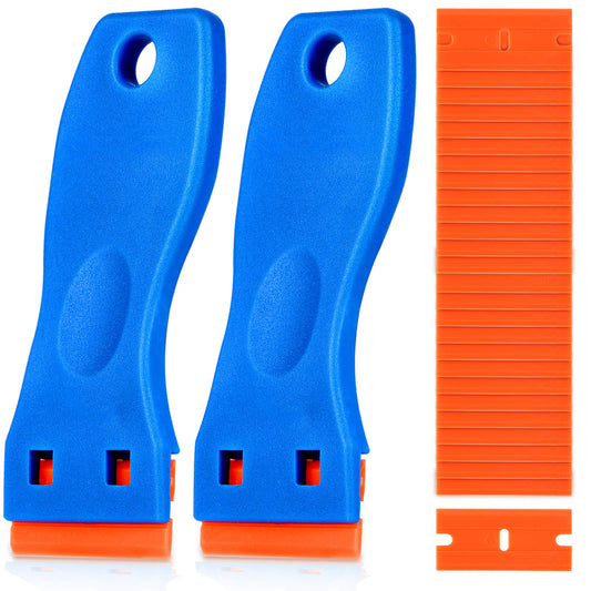 KUSUFEFI Plastic Razor Blade Scraper Set, 2PCS Scraper Tools with 60 Plastic Blades, Adhesive & Sticker Remover for Glass, Windows, Cars, No Scratches