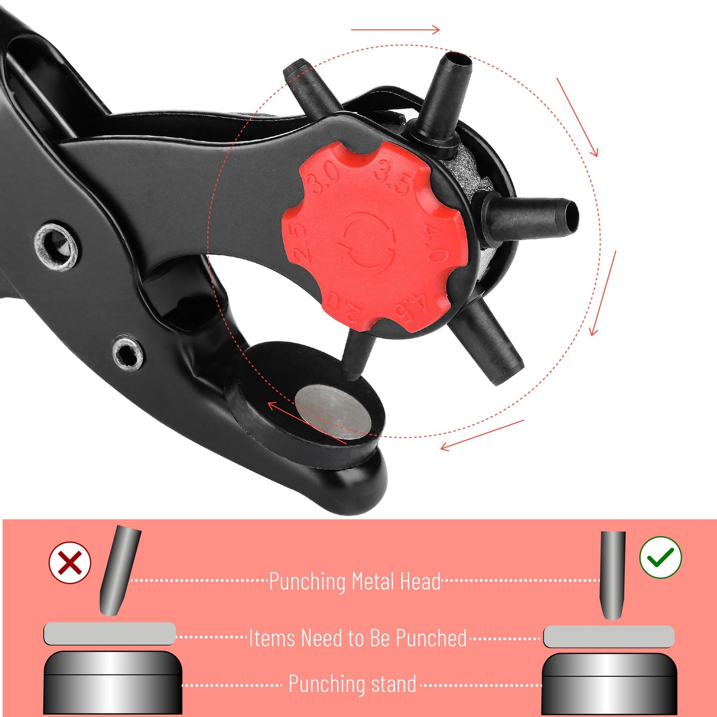 UNCO Leather Hole Punch Set with Red Handle, Multi Sizes, Belt & Leather Puncher for Belts, Straps, Shoes, Canvas, DIY + 100 Grommets