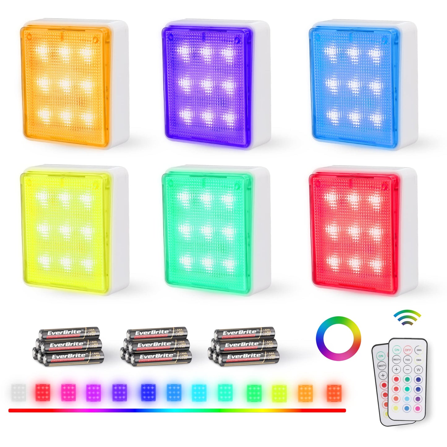 EverBrite LED Tap Lights 6-Pack, Remote-Controlled RGB Night & Closet Lights, Battery Powered, Push Lights for Indoor/Outdoor Use
