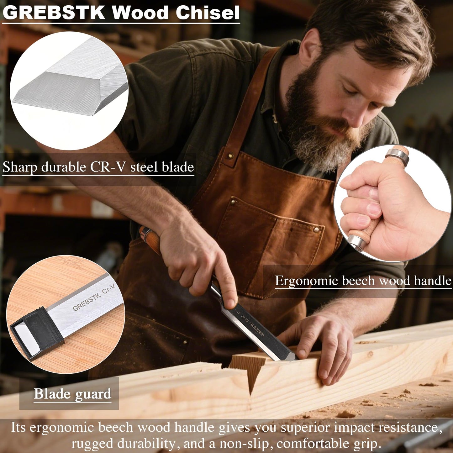 GREBSTK 4 Pcs Wood Chisel Set CRV Steel Bevel Sharp Edge Bench Chisels with Safety Caps for Woodworking and DIY Projects 1/4", 1/2", 3/4", 1"