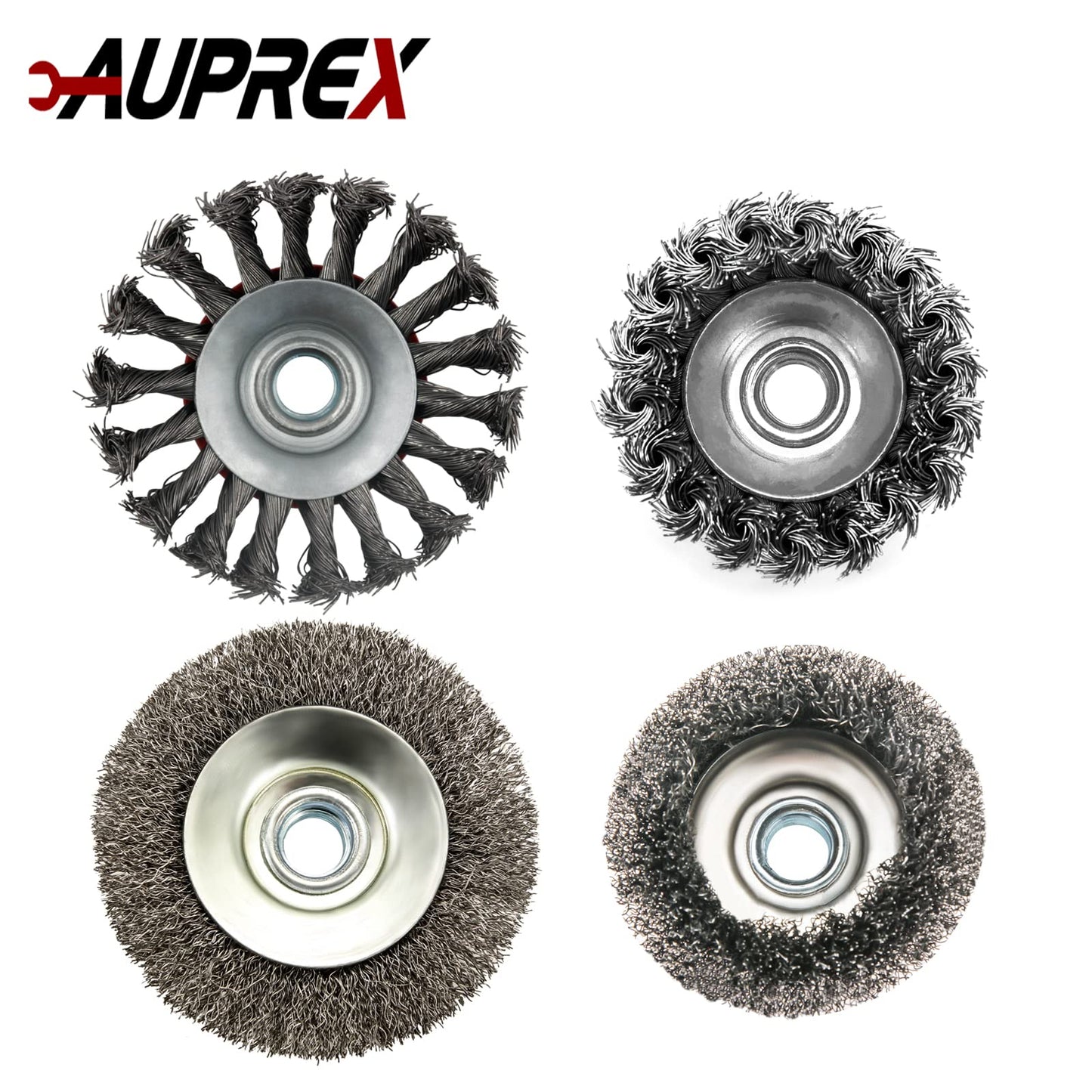 AUPREX 4 Pack Wire Wheel Brush Set for Angle Grinders, 4 & 3 Inch, 5/8'-11 Thread Arbor, Twist Knotted Coarse Crimped Wire Brushes