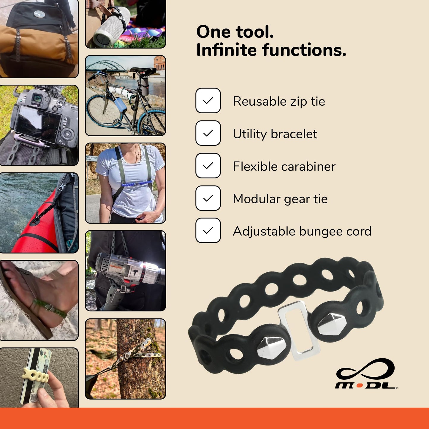 MODL Infinity Tool 2.0 (4-Pack) – Modular Utility Bracelet, Wearable Multi-Tool Strap for Outdoor, Survival, Camping, Travel, EDC (Black)