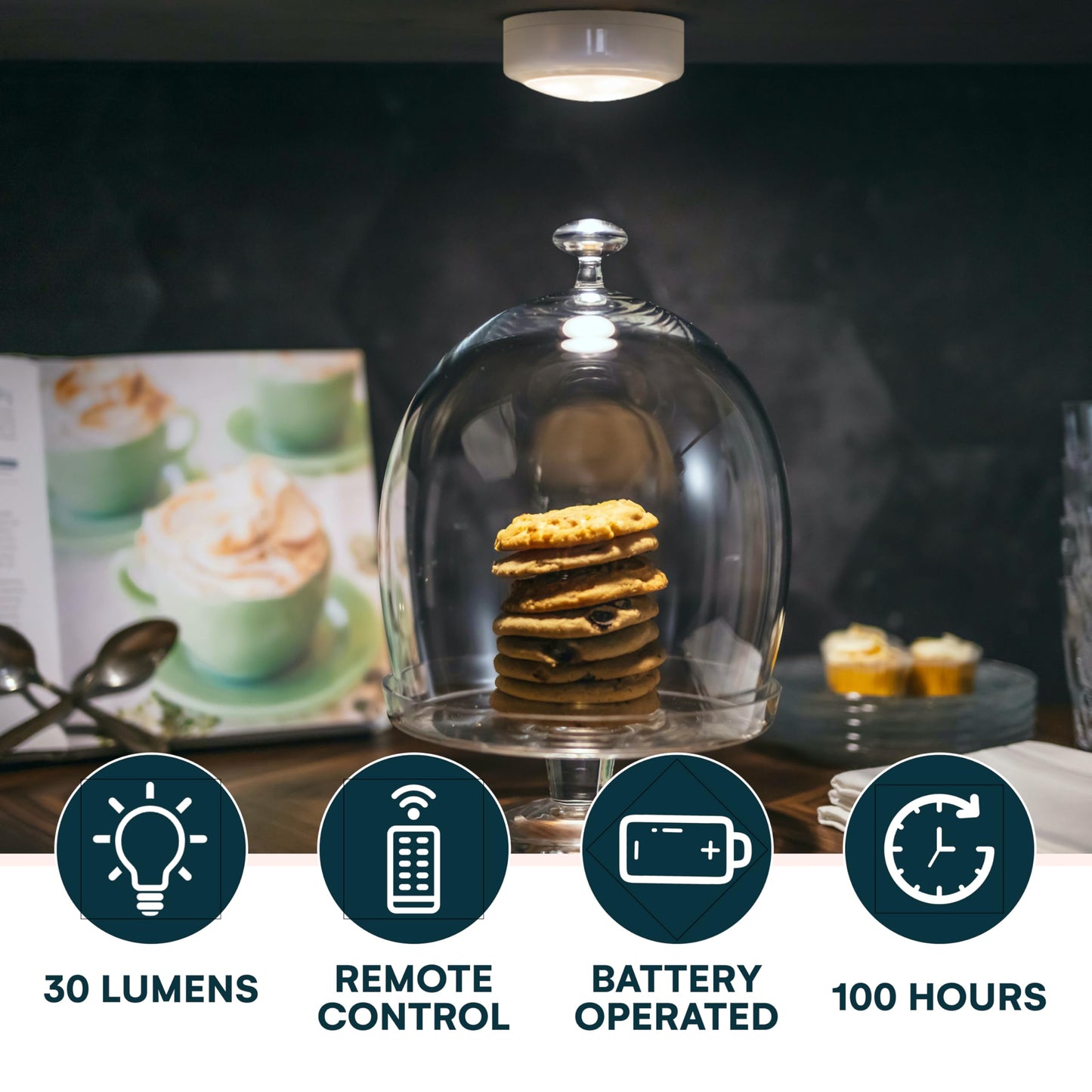 Brilliant Evolution 6-Pack Stick-On LED Push Lights with Remote – Battery Operated Puck Lights for Kitchen, Closet, Cabinet, Counter