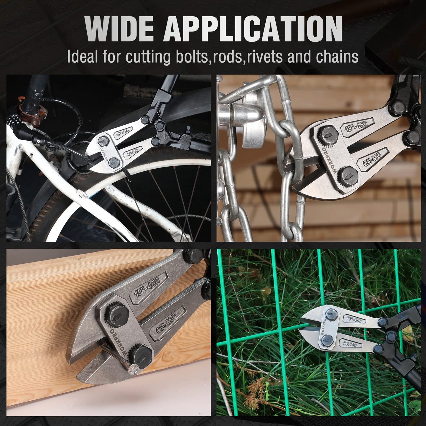 WORKPRO 18" Heavy Duty Bolt Cutter – Chrome Moly Steel, Soft Grip, Cuts Chain, Wire, Screws & Rivets, Black/Blue/Red