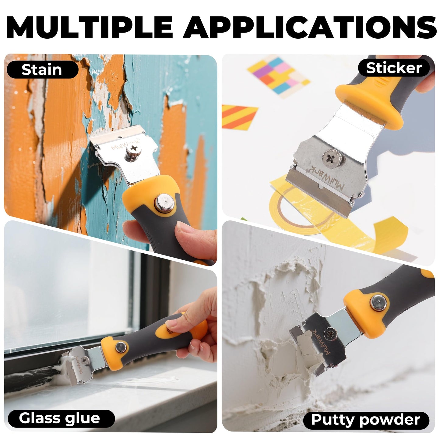 MulWark 2-Handle Razor Scraper Set with 12 Extra Blades, Extendable Heavy-Duty Tool for Paint, Glass, Windows & Oven Cleaning