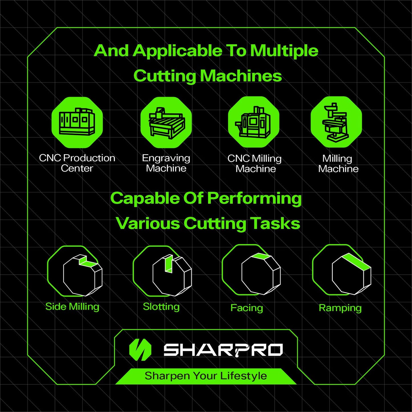 SHARPRO 1/4" Carbide 2-Flute Square End Mill, AlCrN Coated Upcut Spiral CNC Router Bit for Metal, Alloy & Stainless Steel