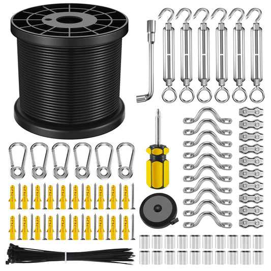 NEREUS 200 Ft String Light Hanging Kit - Vinyl-Coated 304 Stainless Steel Cable with Turnbuckles & Hooks for Patio & Backyard Lighting