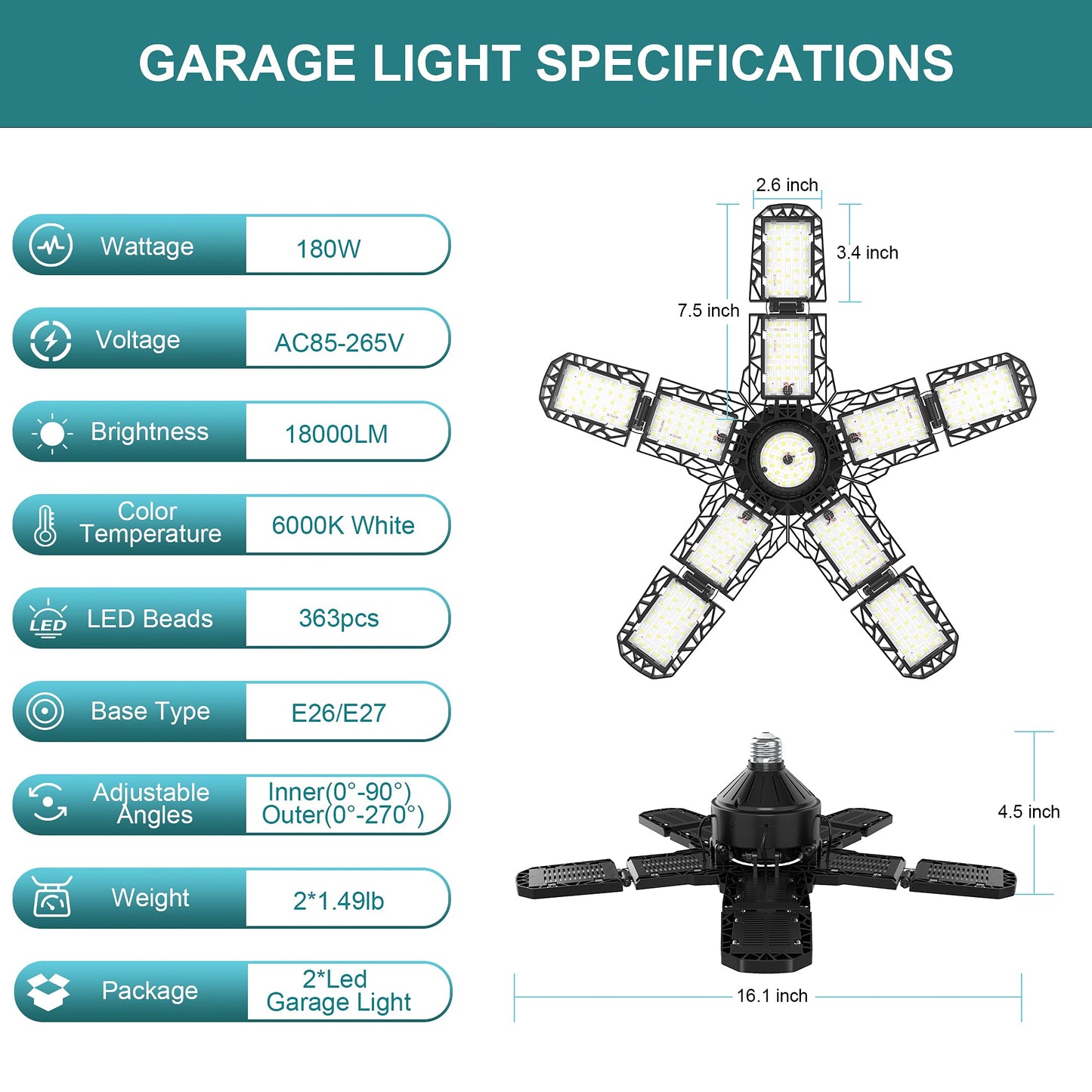 Nexillumi 2-Pack 180W LED Garage Lights, 36000LM, 6000K, E26/E27 Base, 10+1 Adjustable Panels for Workshop, Garage, Basement
