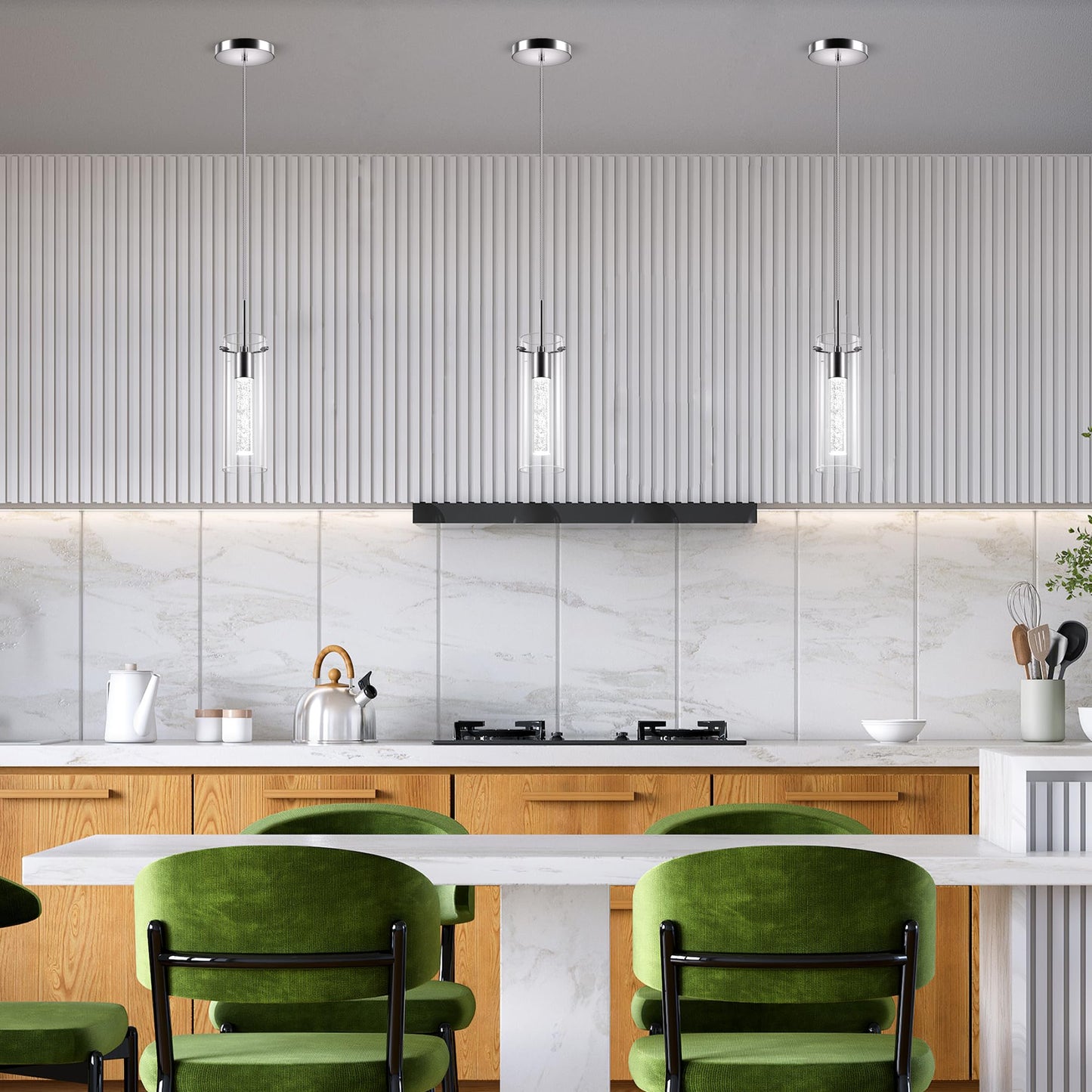 Esfos 1-Light LED Pendant Ceiling Light, Modern Crystal Bubble Glass Hanging Fixture for Kitchen Island, 3-Pack