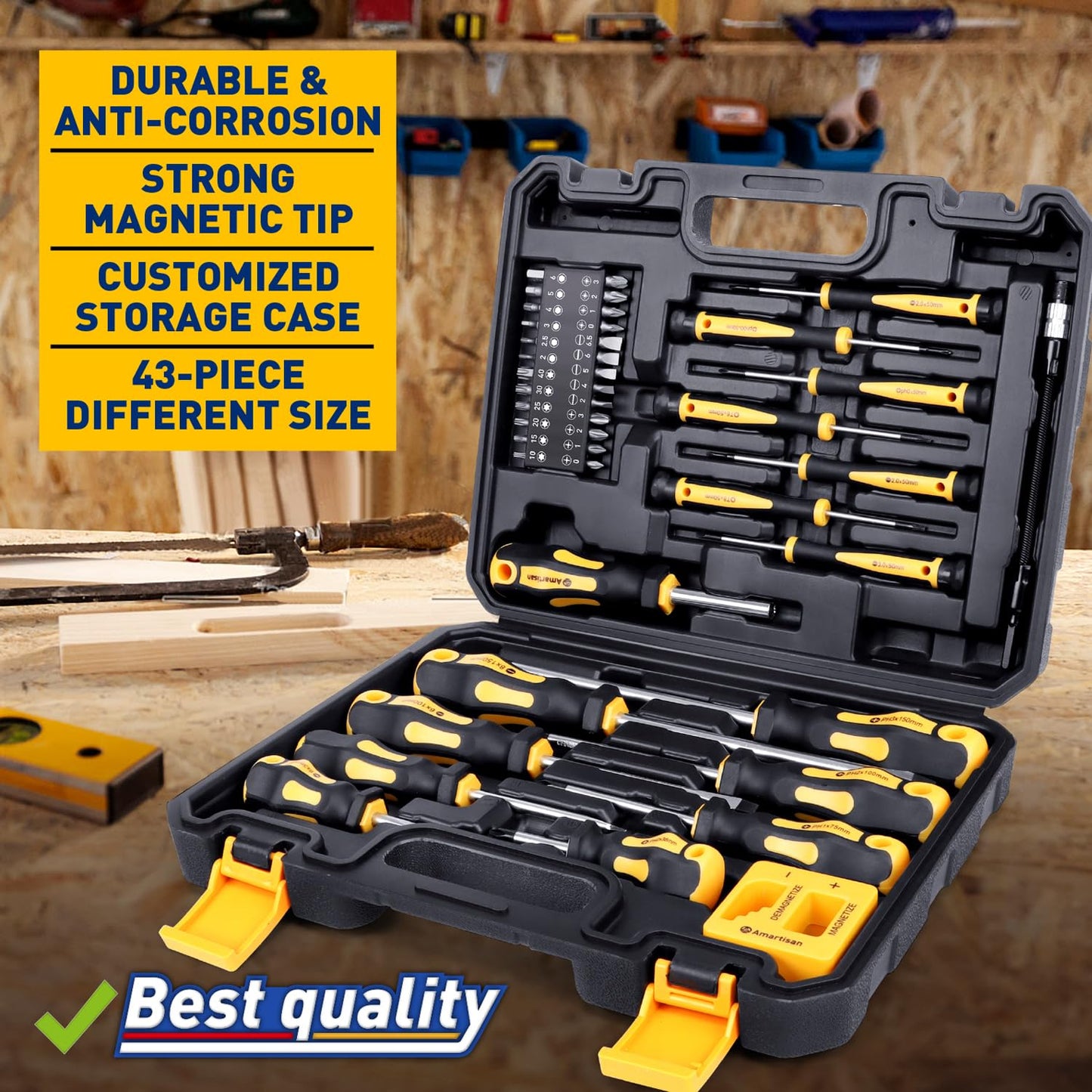 Amartisan 43-Piece Magnetic Screwdriver Set with Case – Slotted, Phillips, Hex, Torx, Pozidriv, Precision, Magnetizer/Demagnetizer Tools