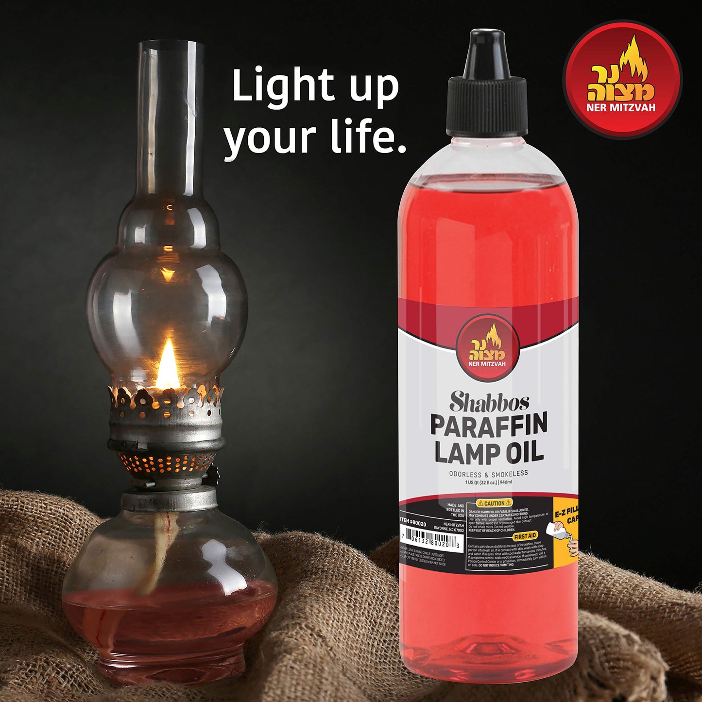 Ner Mitzvah Paraffin Lamp Oil, Red Smokeless, Odorless, Clean Burning Fuel for Indoor and Outdoor, Use with E - Z Fill Cap and Pouring Spout, 32oz