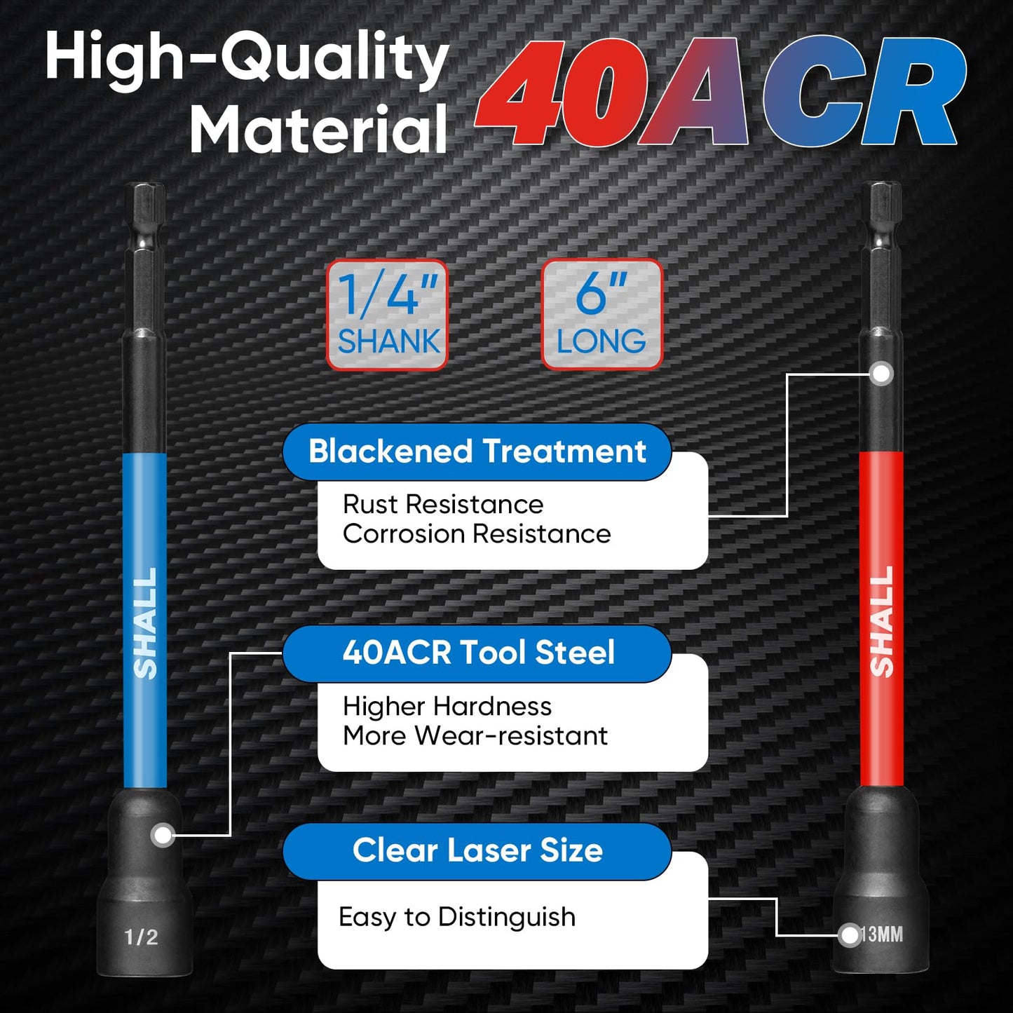 SHALL 16PCS Magnetic Nut Driver Set 6" Long, SAE & Metric, 1/4" Hex Shank, Impact Drill Bit Holder with Sturdy Tool Box