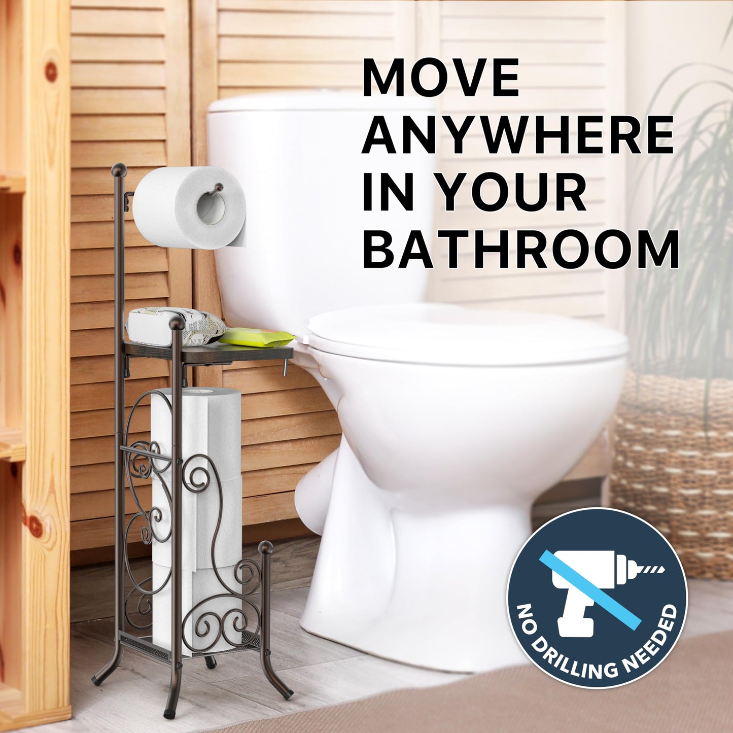 Simple Houseware English Style Bathroom Toilet Tissue Roll Holder Stand with Shelf, Bronze