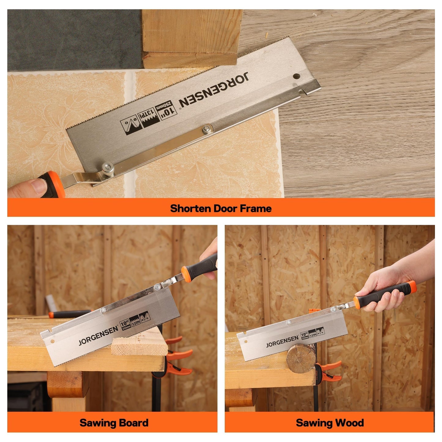 JORGENSEN 10" Dovetail Reversible Jamb Saw, 13TPI Double Ground Teeth, Flush Cut, Spring-Loaded, Cranked Soft Handle for Doors & Tiles
