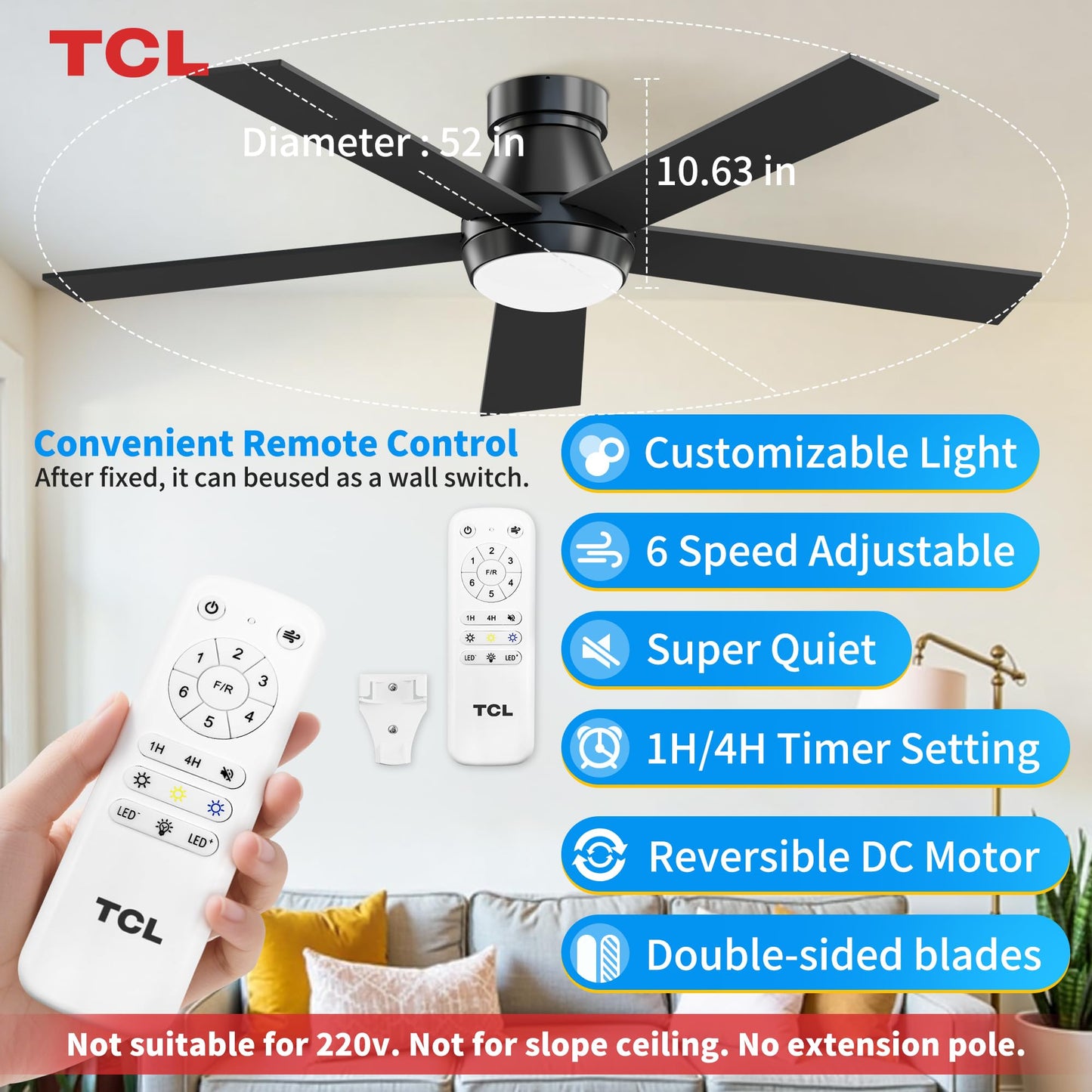 **TCL 52” Black Ceiling Fan with Light & Remote, Modern LED 3-Color 3CCT, Quiet Motor for Bedroom & Living Room**