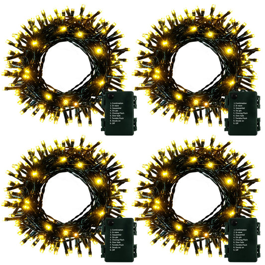 4-Pack Battery Operated Outdoor String Lights, 50 Warm White LEDs, 16.5ft Green Cable, Timer, Xmas Wreath & Holiday Decor