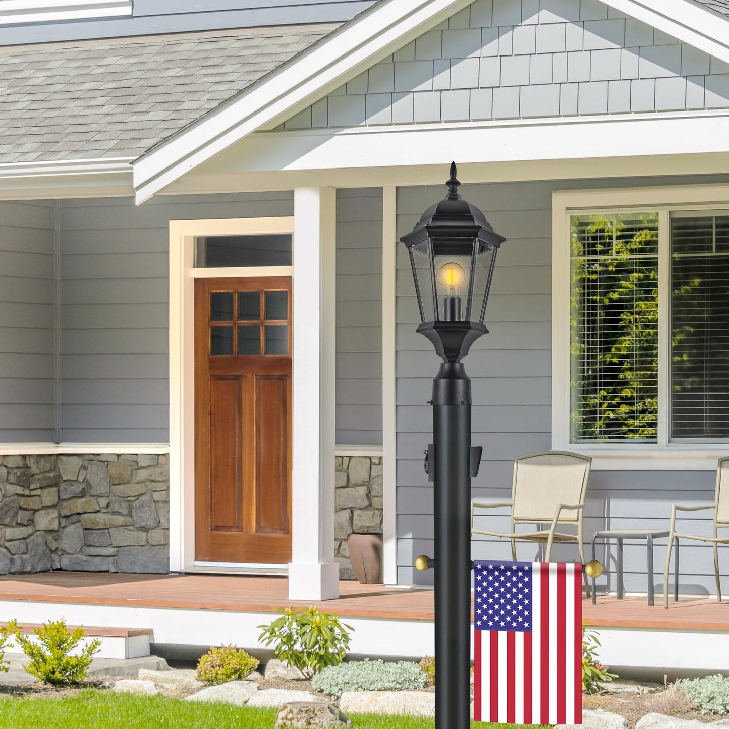 Design House Outdoor Lamp Post with Plastic Cross Arm, Built-In Outlet, Dusk-to-Dawn Photo Eye Sensor, Easy Install, Black, 3" x 80"