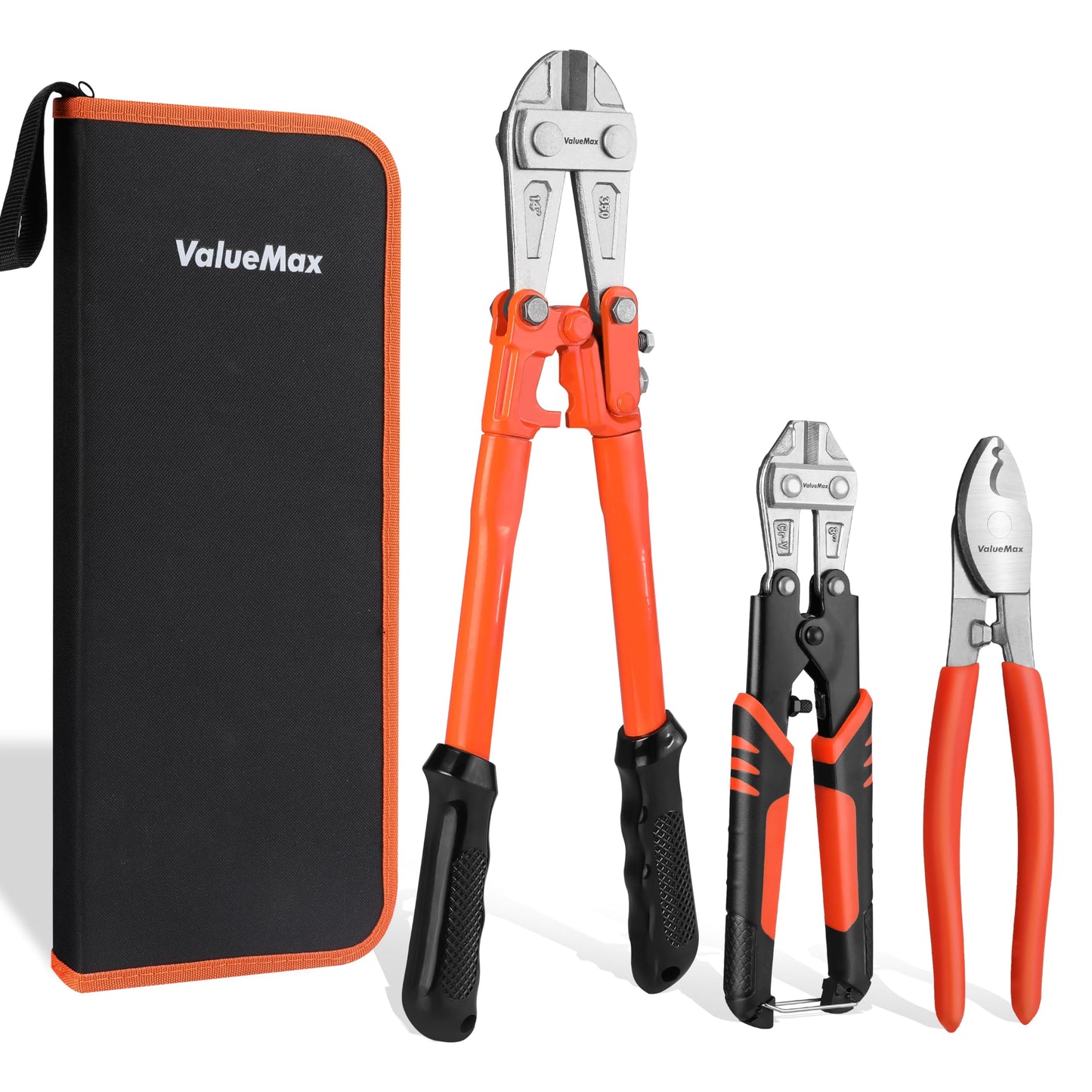 ValueMax Bolt Cutter Set, 3-Piece Heavy Duty, 14" and Mini 8" Cutters, 8" Cable Cutter With Carrying Bag for Locks, Steel Wire, Barbed Wire, Chains