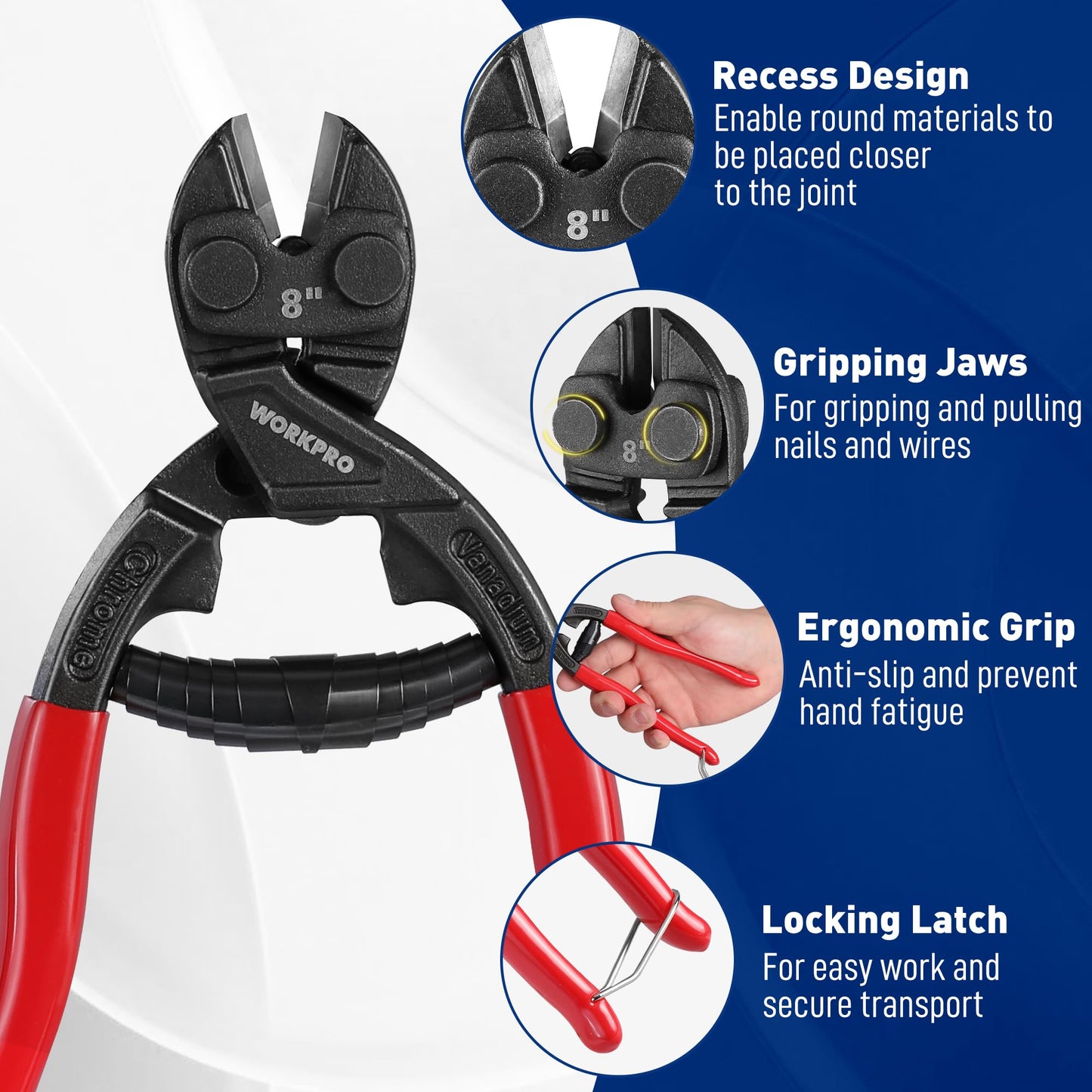 WORKPRO 8" Mini Bolt Cutter with Soft Grip, CR-V Steel Blade, Security Lock, Spring Action for Wires, Cables, Chains & Small Screws
