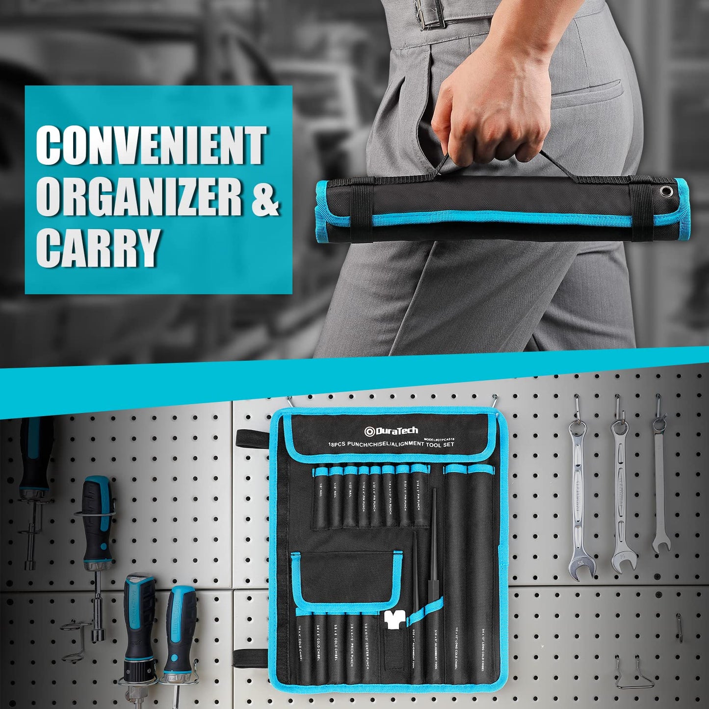 DURATECH 18-Piece Punch & Chisel Tool Set with Pin, Center, Nail Punch, Alignment Tool, Cold Chisel, Gauge & Rolling Pouch