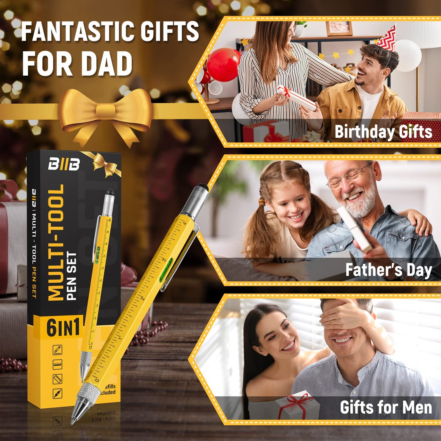 BIIB 6-in-1 Multitool Pen for Men – Unique Birthday, Dad, Husband, Boyfriend Gift, Cool Gadget for Him Who Has Everything