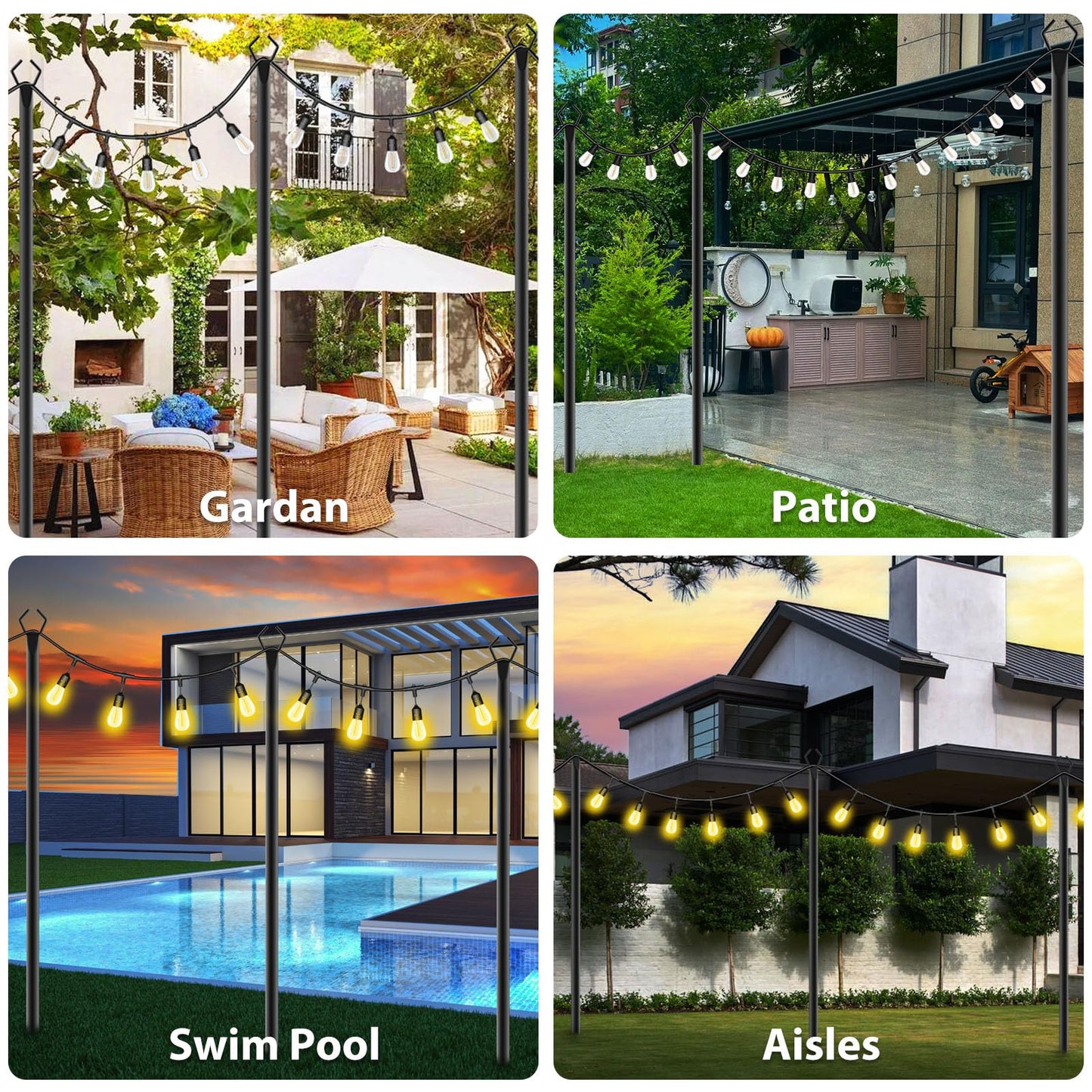 Zoegi 4-Pack 10ft Outdoor String Light Poles with Forks, Metal Stands & Brackets for Patio, Deck, Backyard, Wedding, Party